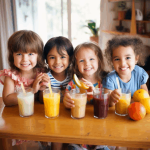 Four children drinking fruit juice together, illustrating dental health tips in Fair Lawn